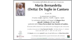 Annuncio funebre - Maria Bernardetta (Detta) De Tuglie in Cantoro