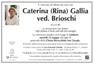 Annuncio funebre - Caterina (Rina) Gallia ved. Brioschi