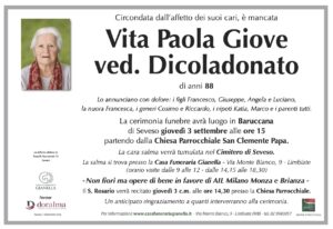 Annuncio funebre - Vita Paola Giove ved. Dicoladonato