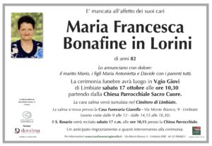 Annuncio funebre - Maria Francesca Bonafine in Lorini